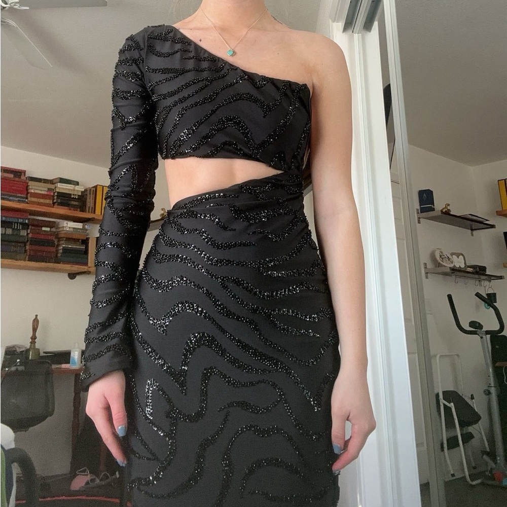 One shoulder black sequin cutout prom dress